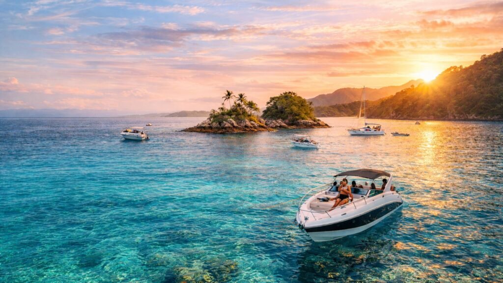 Passeio de lancha em Angra dos Reis com mar cristalino ao pôr do sol após o Carnaval, com ilhas e águas transparentes na Ilha Grande