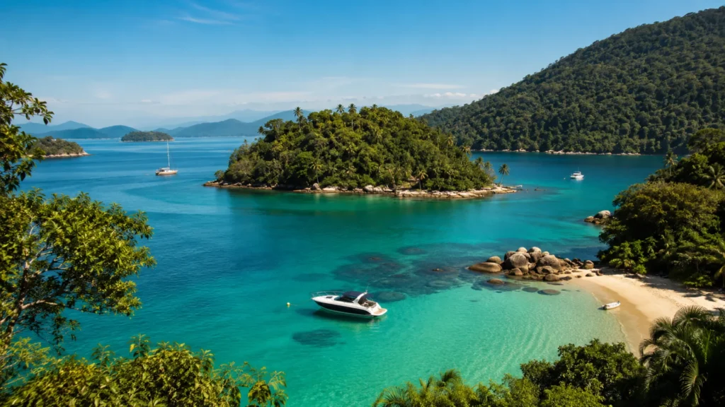 Vista panorâmica de ilhas, praias e águas cristalinas em Angra dos Reis durante o inverno