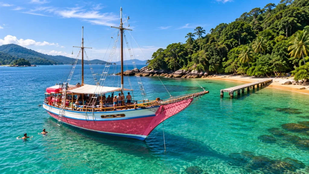 Escuna em águas cristalinas de Angra dos Reis e Ilha Grande durante passeio turístico